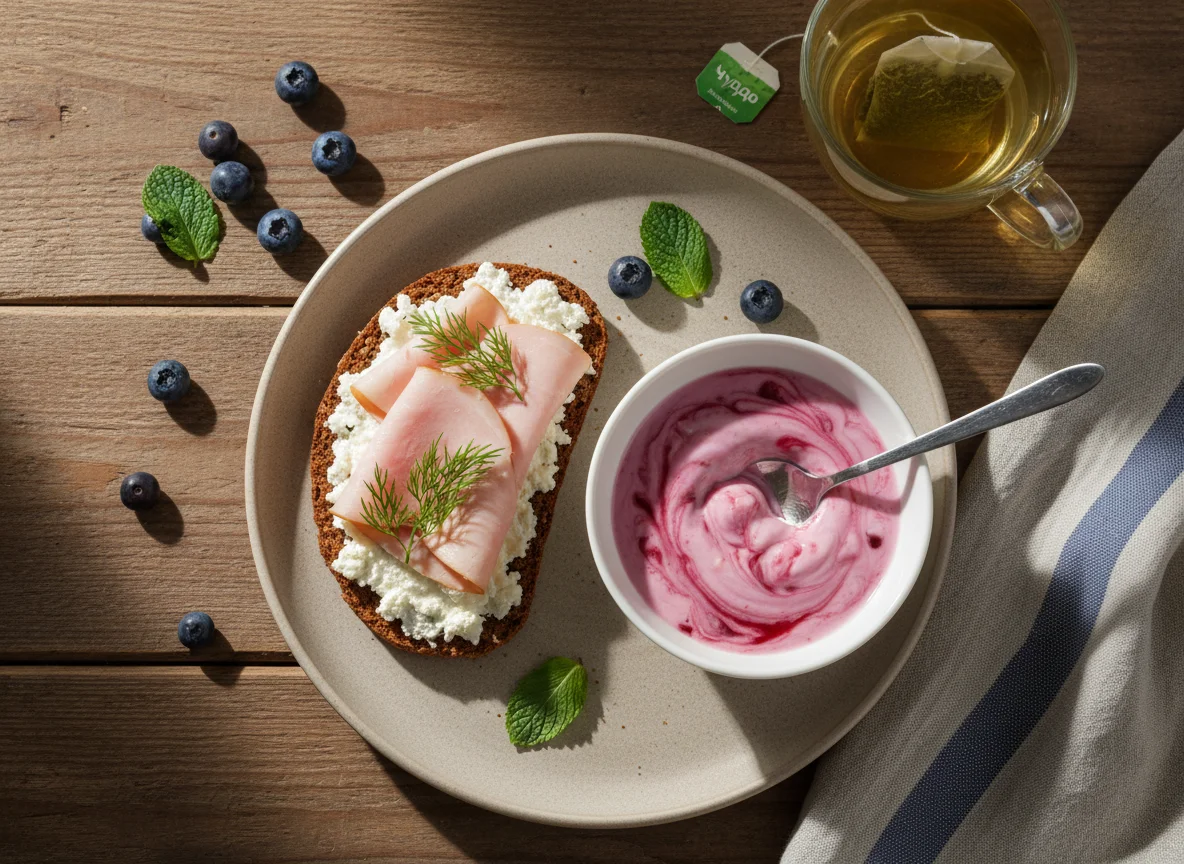 Завтрак с бутербродом, йогуртом и чаем photo