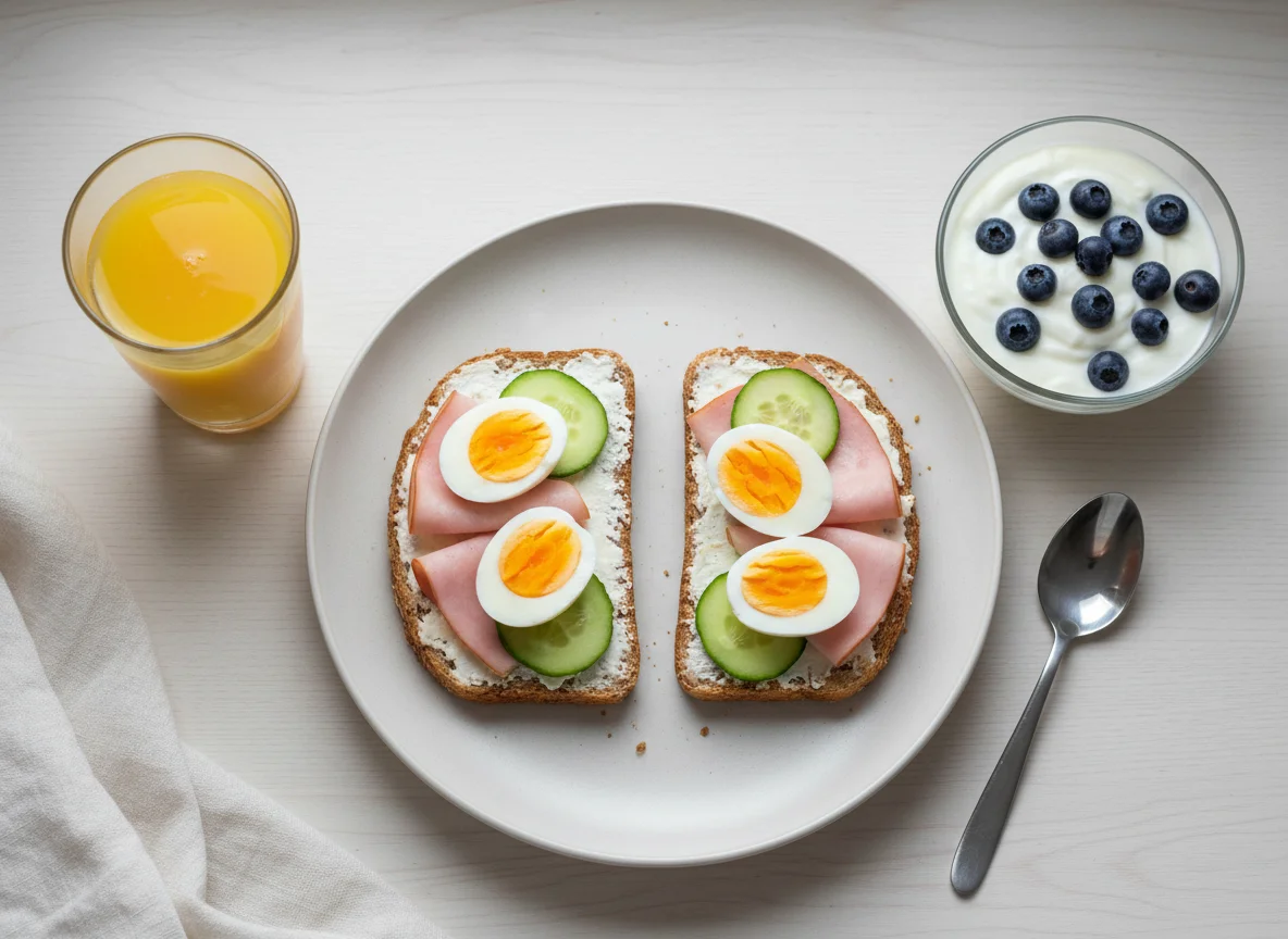 Завтрак с бутербродом, йогуртом и соком photo