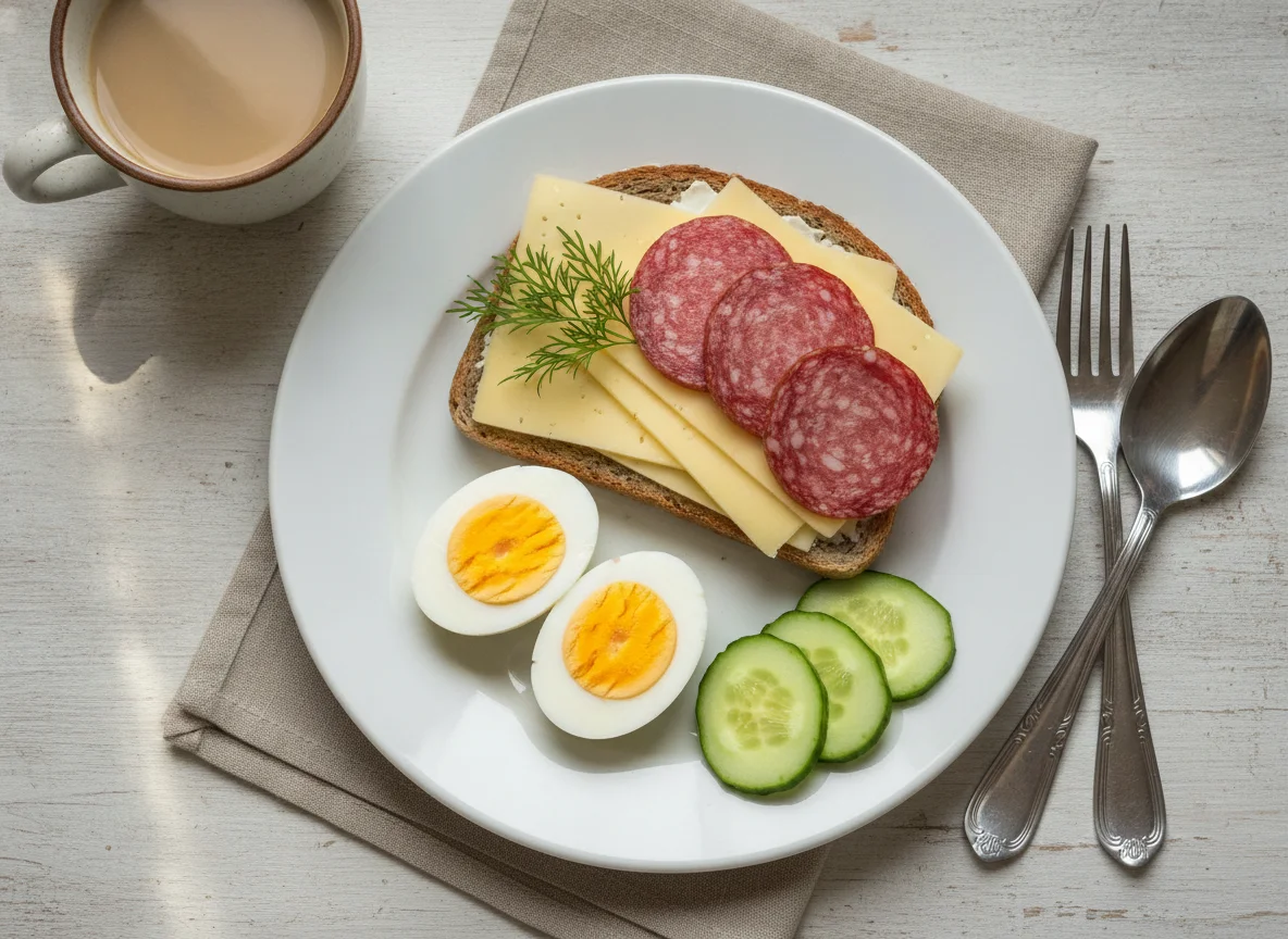 Завтрак с бутербродом, колбасой, яйцами и огурцами photo