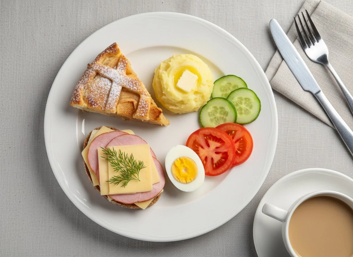 Завтрак с бутербродом, овощами, яйцом, пирогом и кофе photo