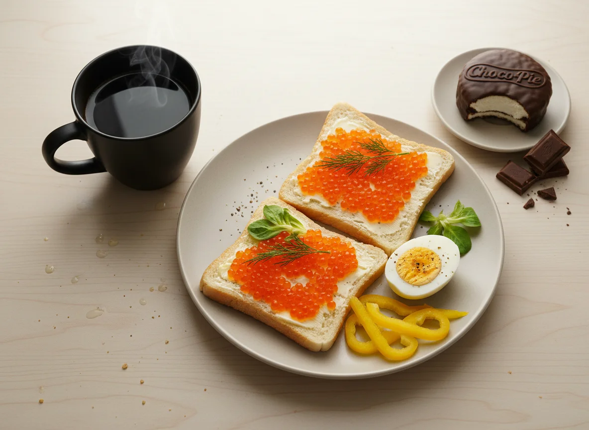 Завтрак с бутербродом с икрой, яйцами и кофе photo