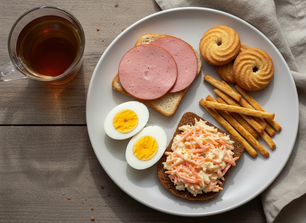 Завтрак с чаем, яйцами, бутербродами и печеньем photo