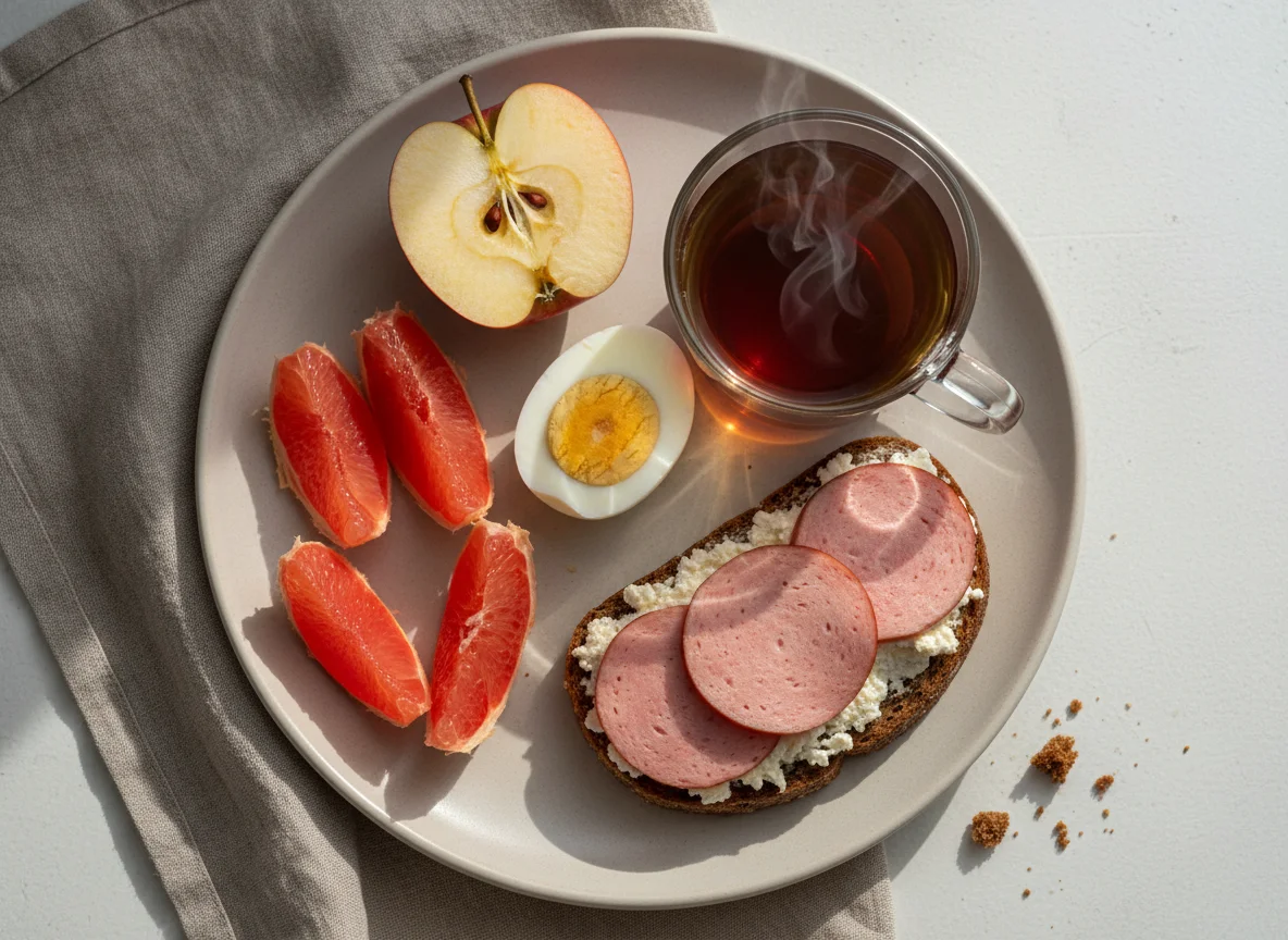 Завтрак с чаем, яйцом, фруктами и бутербродом photo