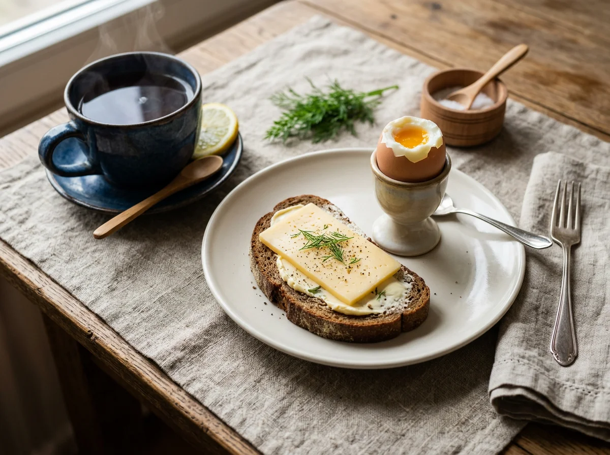 Завтрак с чаем, яйцом и бутербродом photo