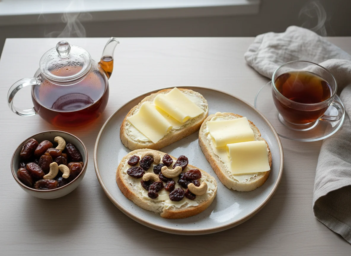 Завтрак с чаем, бутербродами и сухофруктами photo