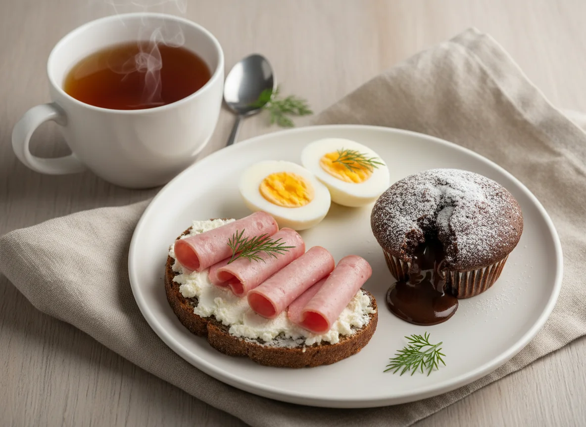 Завтрак с чаем, бутербродом, яйцами и кексом photo