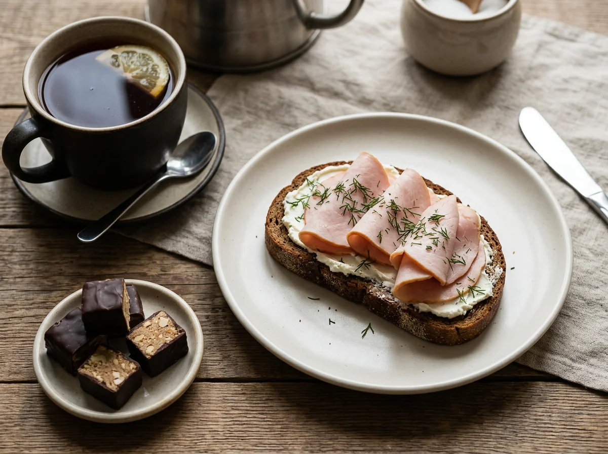 Завтрак с чаем, бутербродом и халвой photo