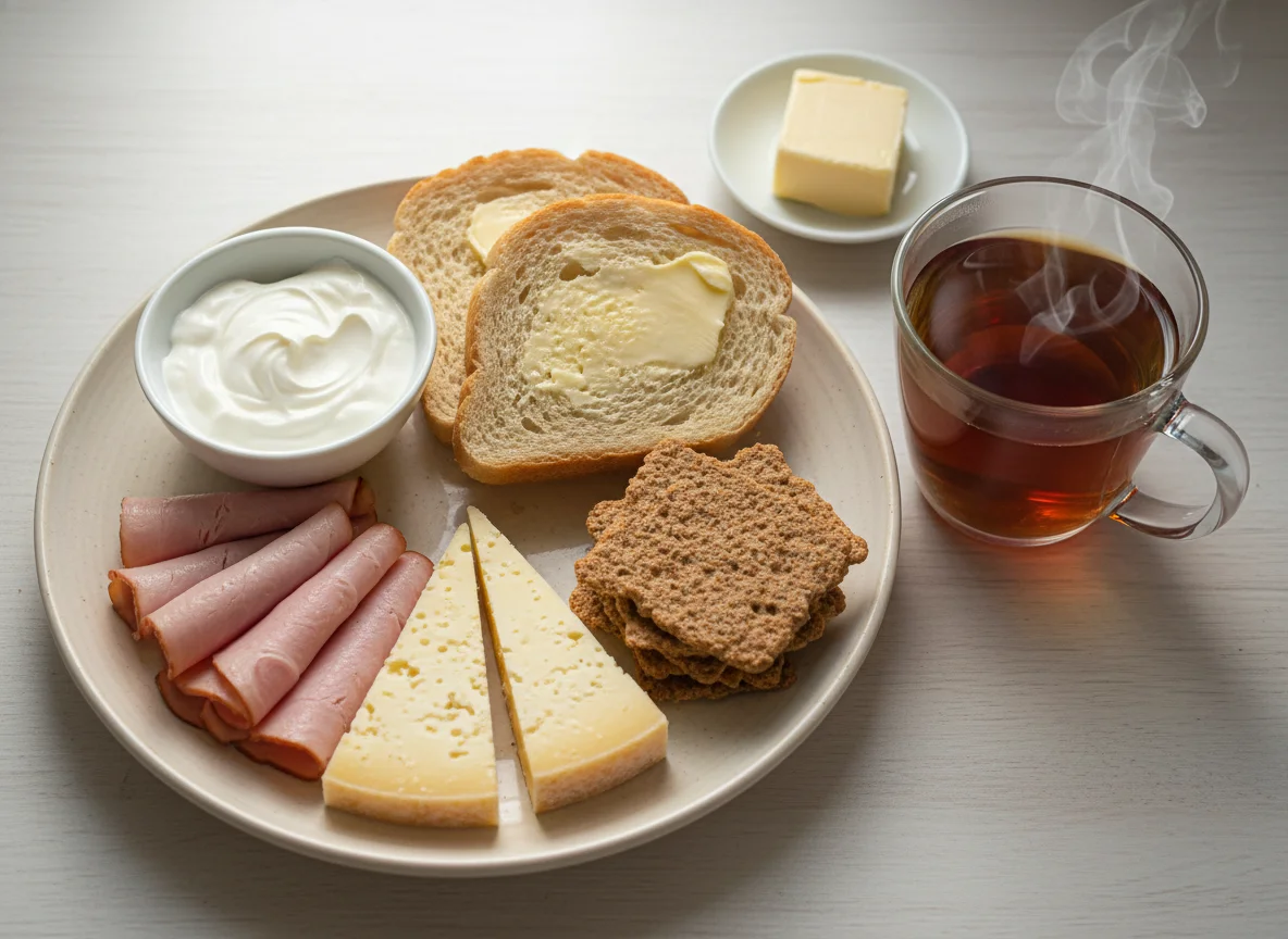 Завтрак с чаем, хлебом, ветчиной, сыром и сметаной photo