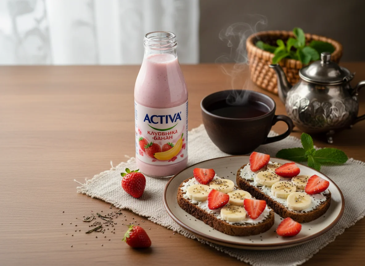 Завтрак с чаем, йогуртом и бутербродом photo