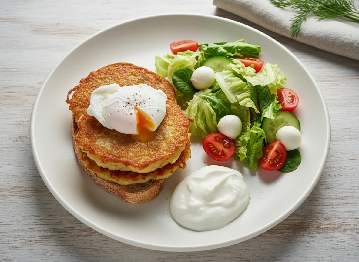 Завтрак с драниками, яйцом пашот и салатом photo