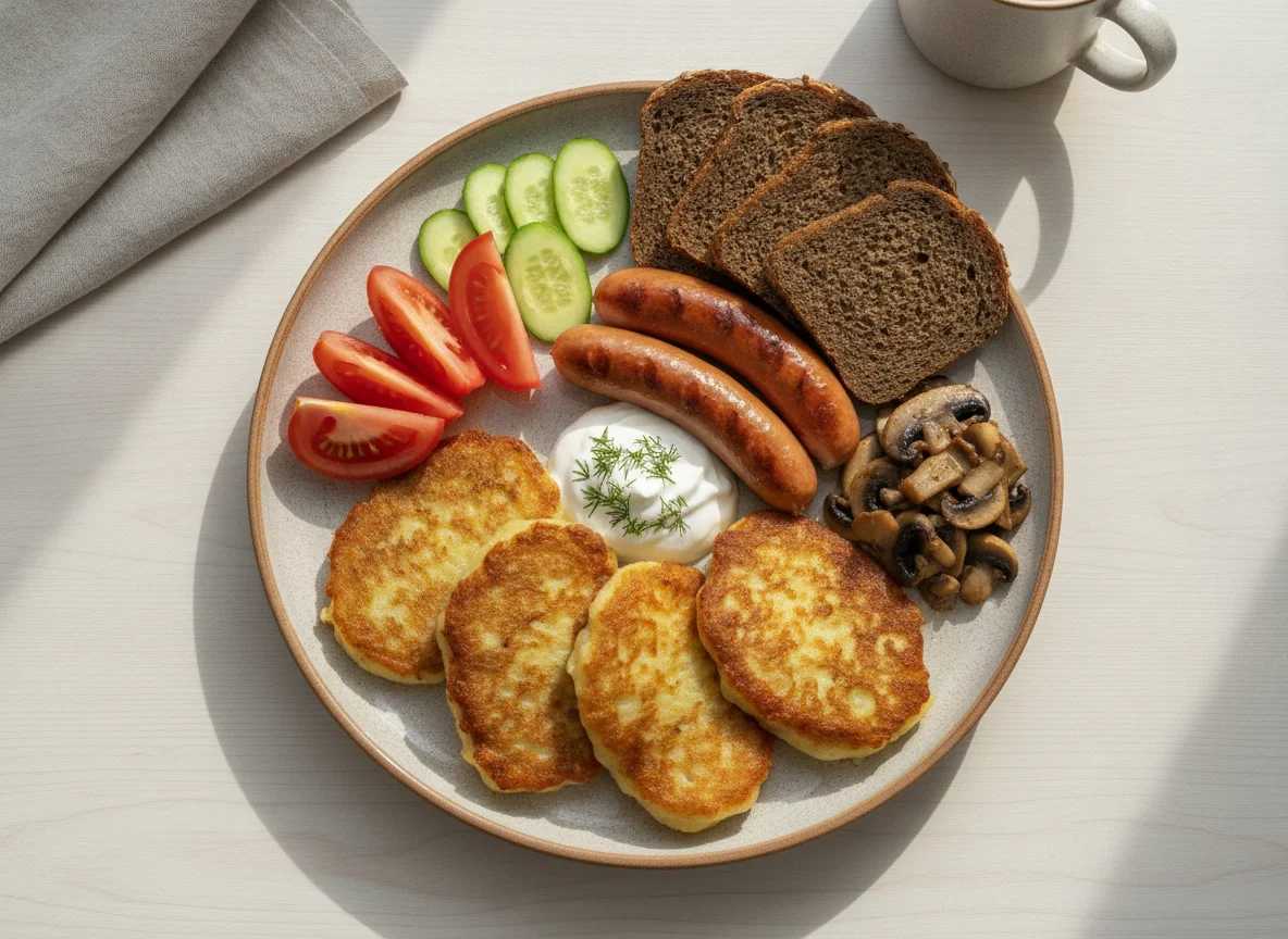 Завтрак с драниками и сосисками photo