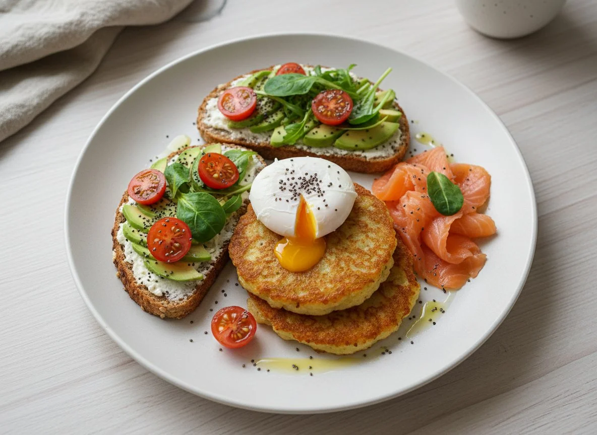 Завтрак с драниками, лососем и авокадо-тостами photo