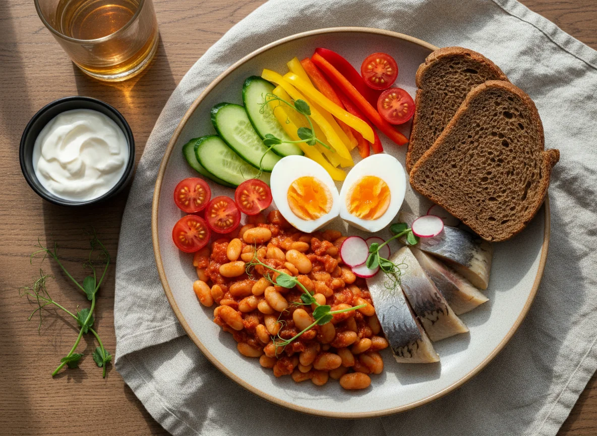 Завтрак с фасолью, яйцами и сельдью photo