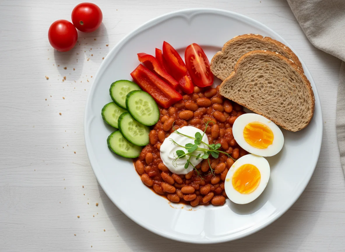 Завтрак с фасолью, яйцом и овощами photo