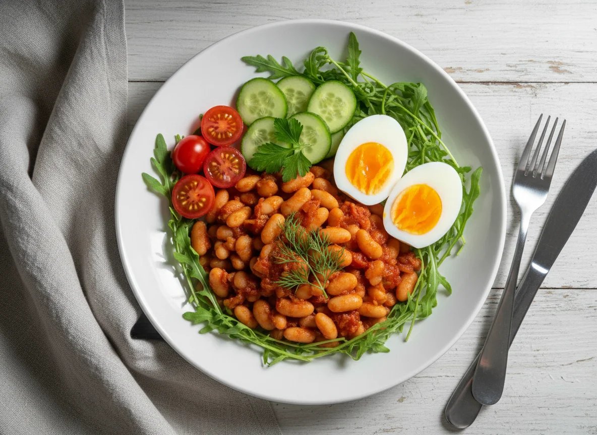 Завтрак с фасолью, яйцом и салатом photo