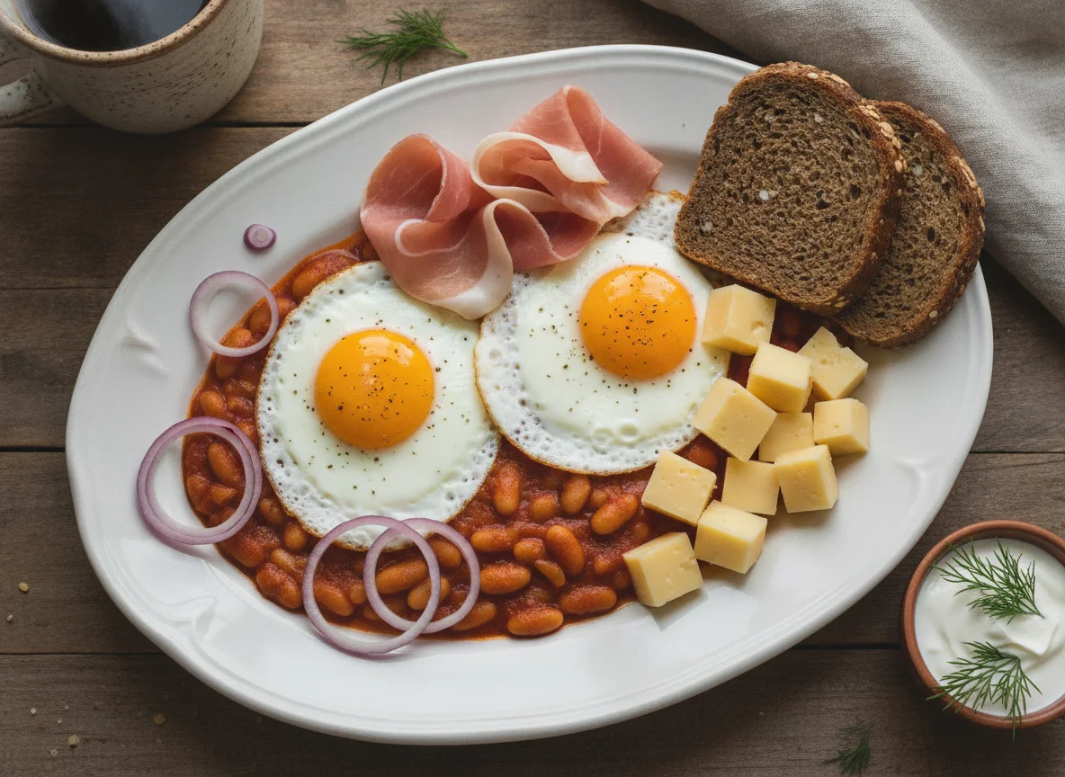 Завтрак с фасолью, яйцом, ветчиной и сыром photo