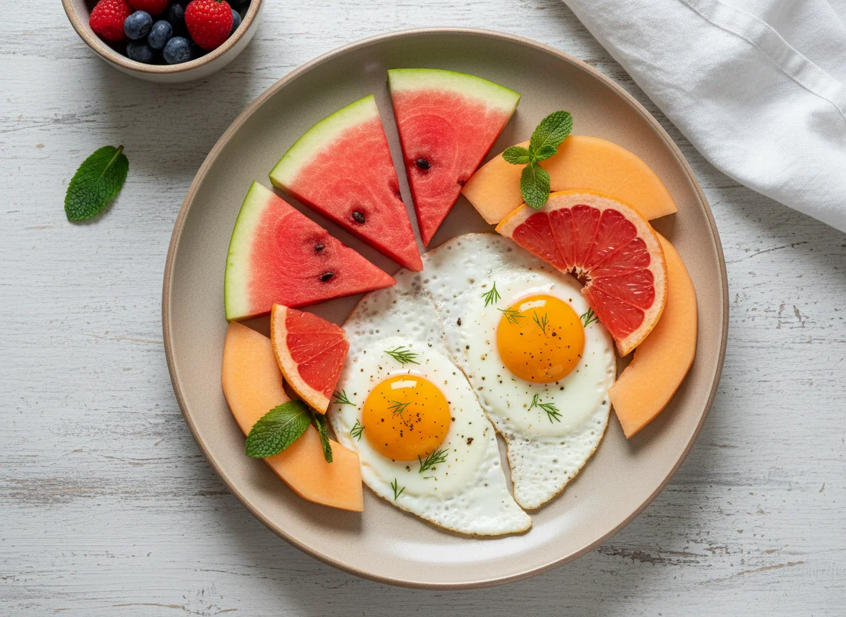 Завтрак с фруктами и яйцами photo