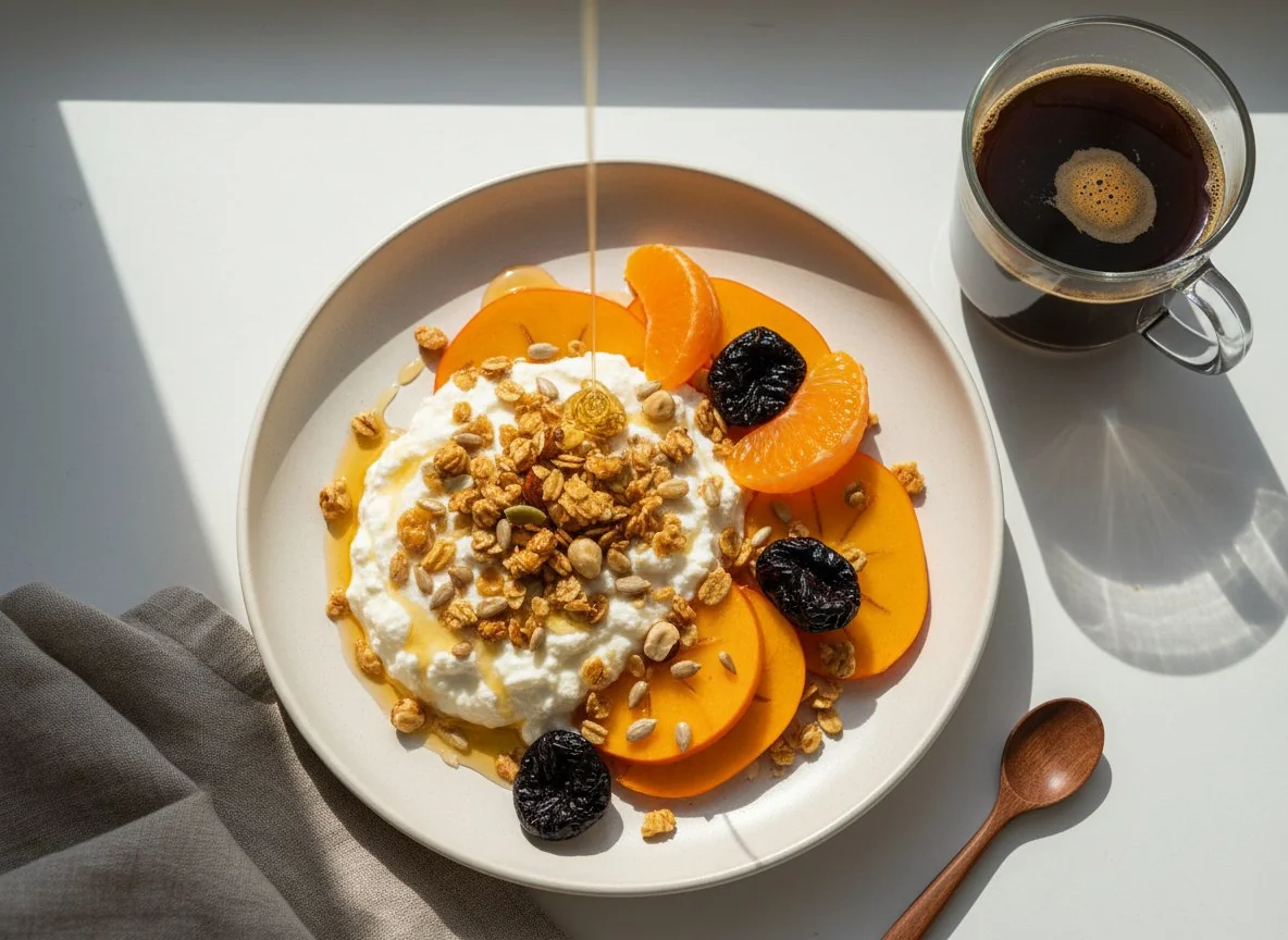 Завтрак с фруктами, творогом и кофе photo