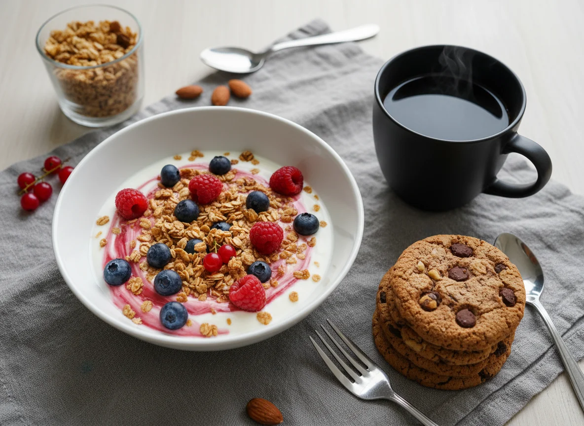 Завтрак с гранолой, печеньем, йогуртом и кофе photo