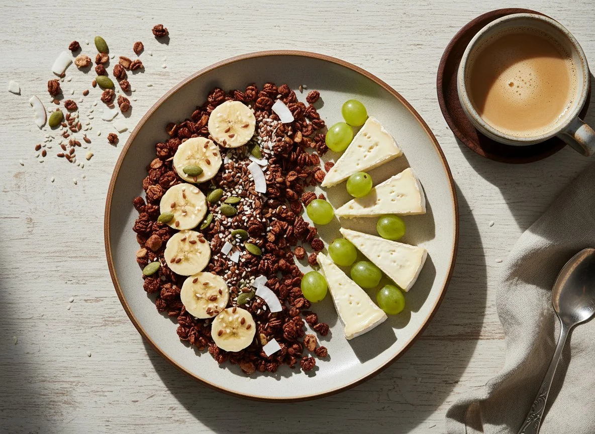 Завтрак с гранолой, сыром и кофе photo