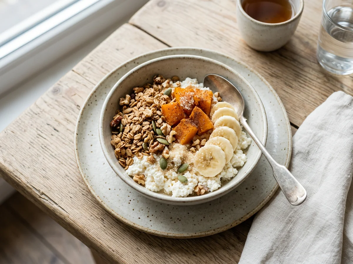 Завтрак с гранолой, тыквой, бананом и творогом photo