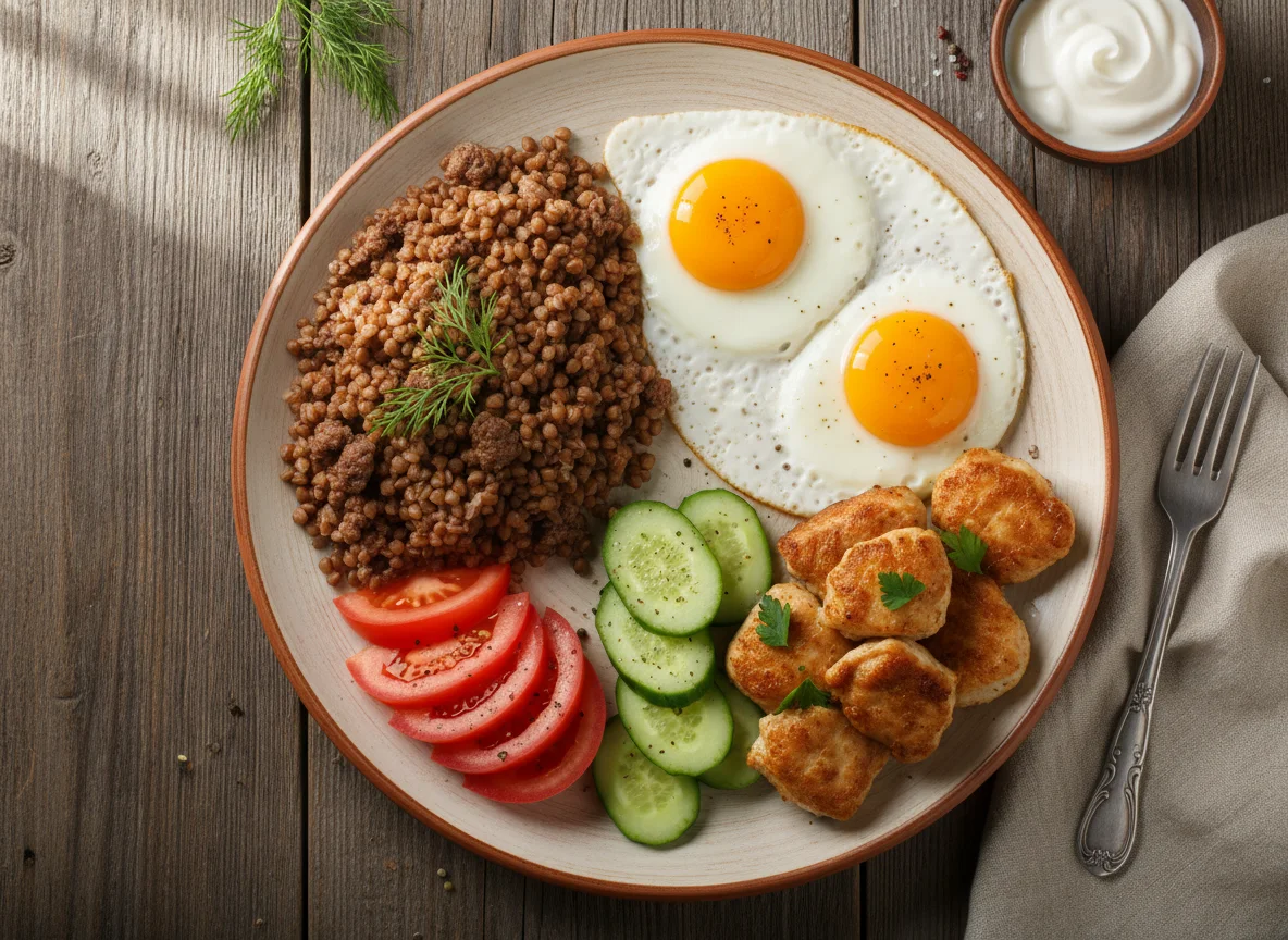 Завтрак с гречкой, яичницей и овощами photo