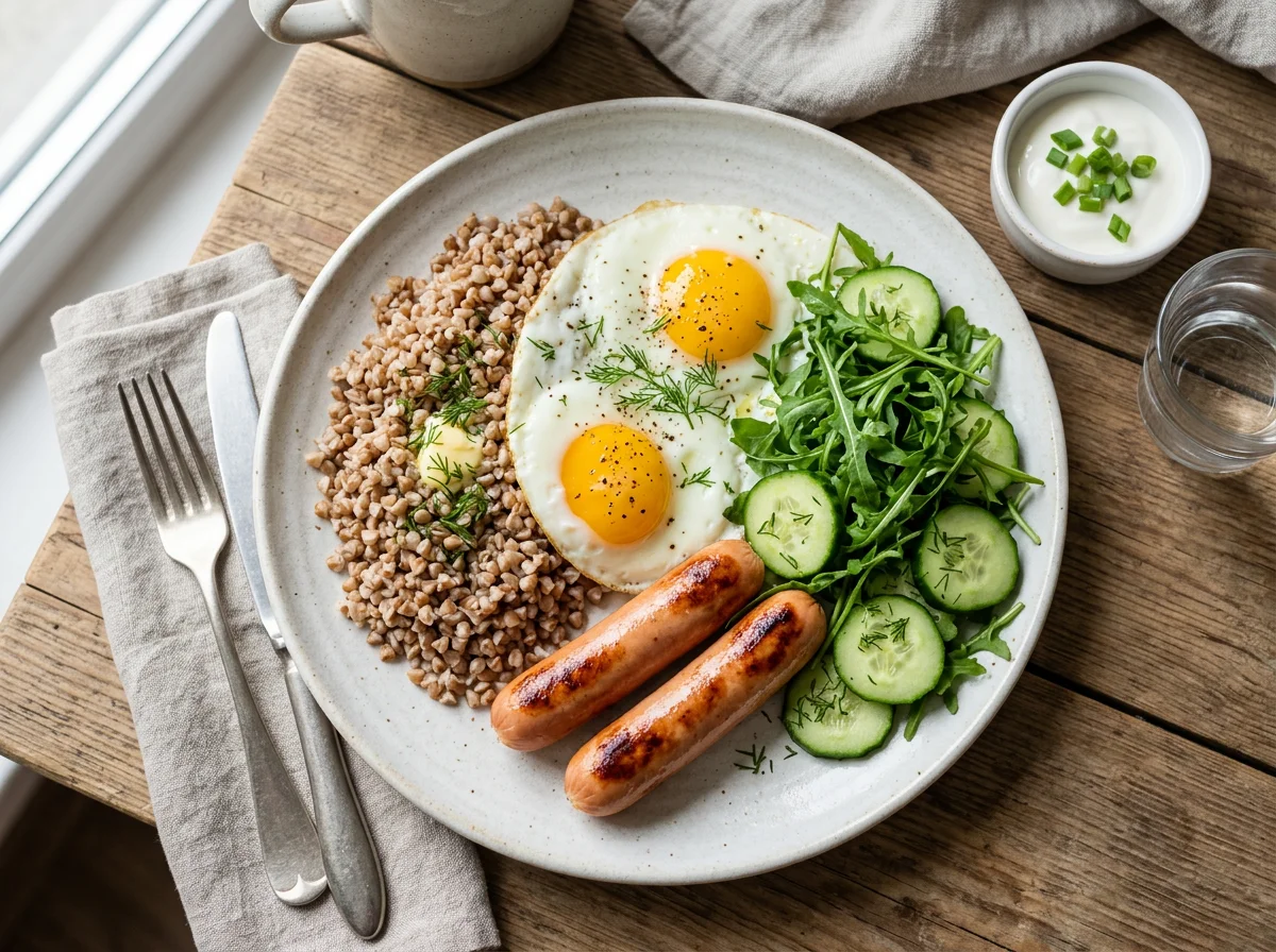 Завтрак с гречкой, яичницей, сосисками, огурцом и рукколой photo
