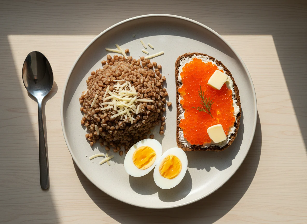 Завтрак с гречкой, яйцами и бутербродом с икрой photo