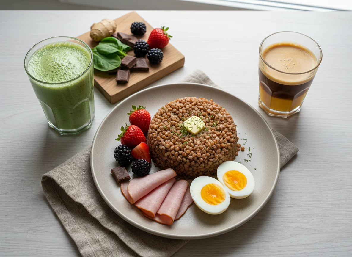 Завтрак с гречкой, яйцами и напитками photo