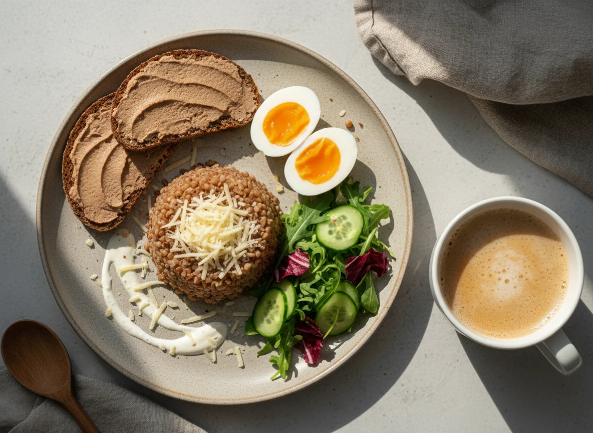 Завтрак с гречкой, яйцами и паштетом photo