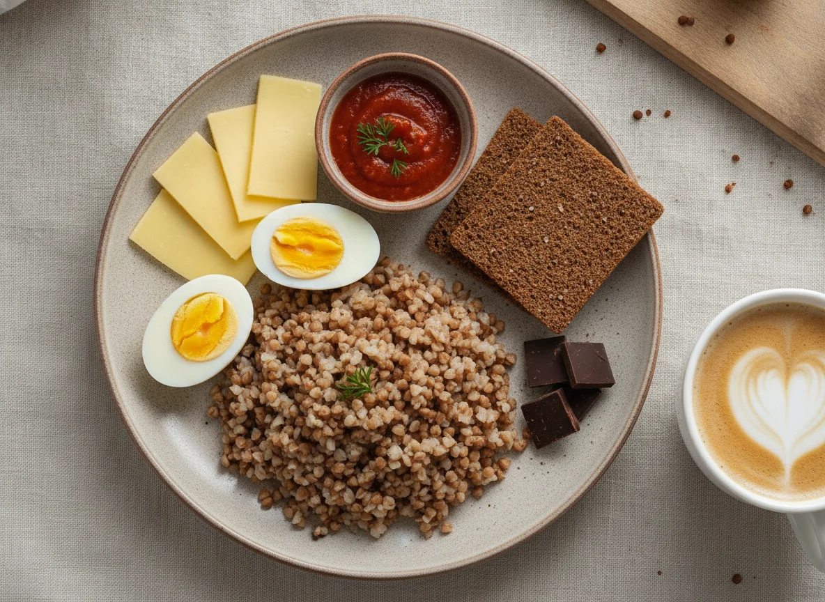 Завтрак с гречкой, яйцами и сыром photo