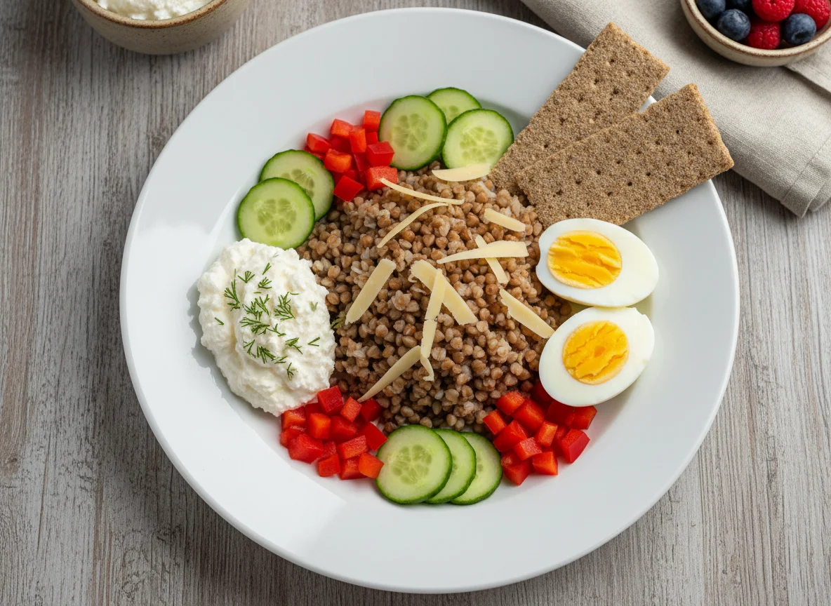 Завтрак с гречкой, яйцами и творогом photo
