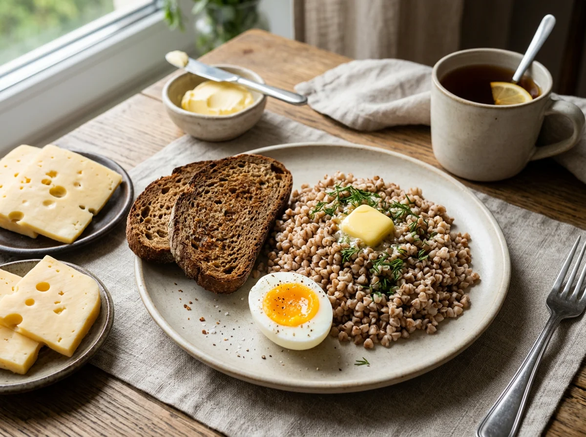 Завтрак с гречкой, яйцом, хлебом и сыром photo