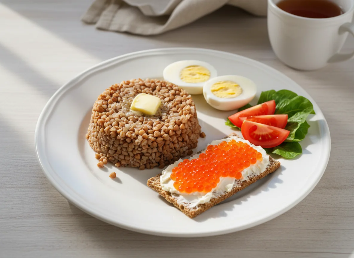 Завтрак с гречкой, яйцом и бутербродом с икрой photo