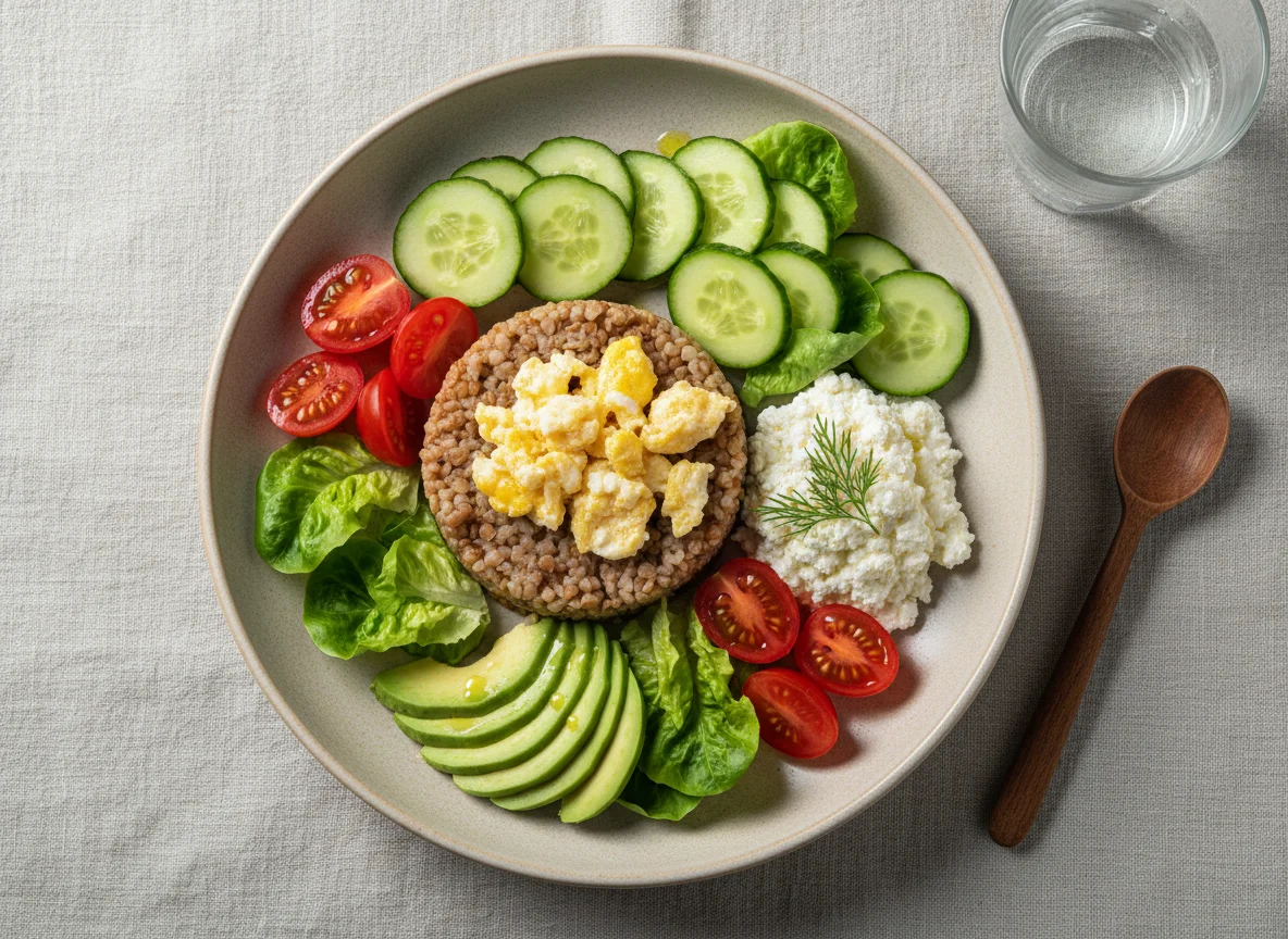 Завтрак с гречкой, яйцом и овощами photo