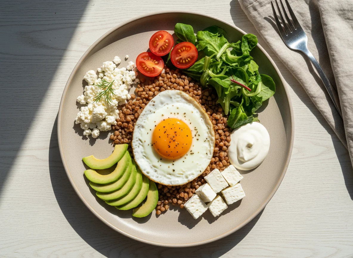 Завтрак с гречкой, яйцом и сыром photo