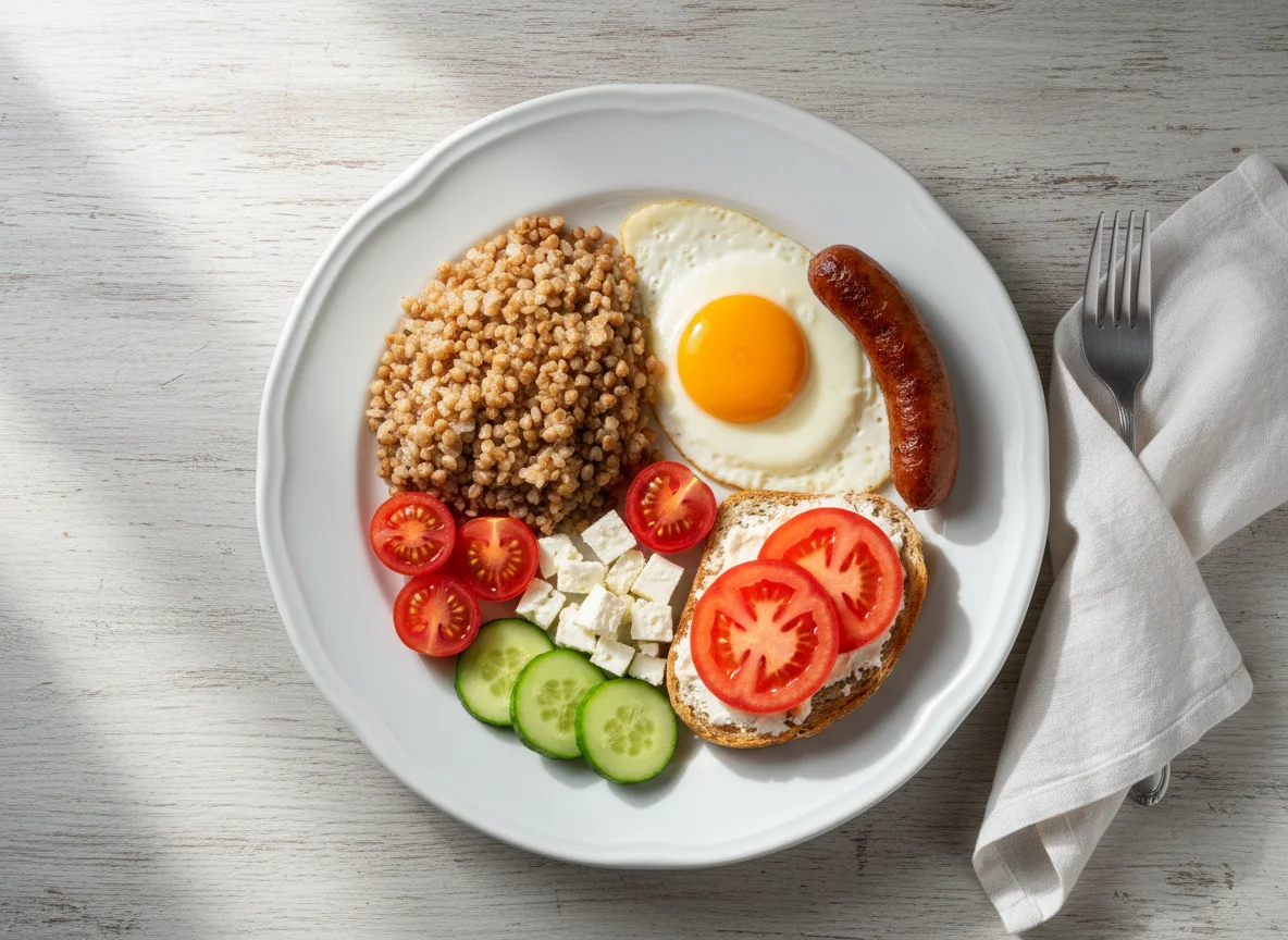 Завтрак с гречкой, яйцом и тостом photo