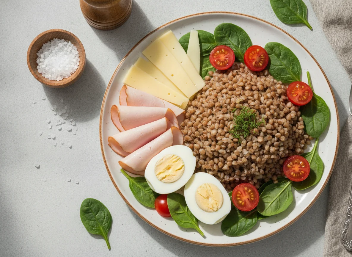 Завтрак с гречкой, яйцом и ветчиной photo