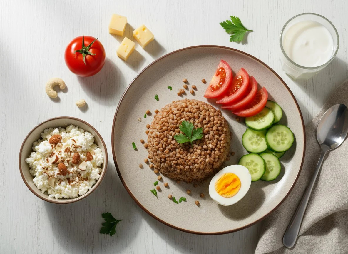 Завтрак с гречкой, яйцом, творогом и овощами photo