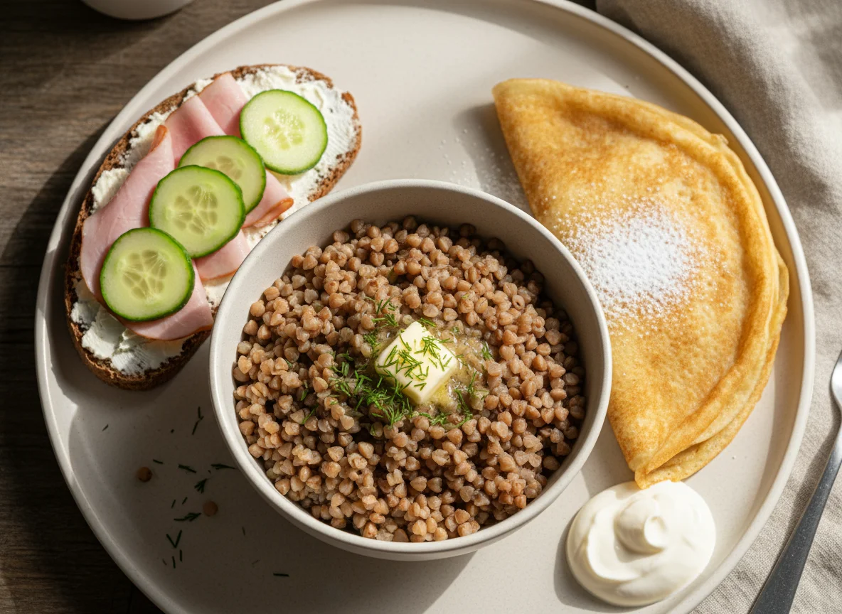 Завтрак с гречкой, бутербродом и блином photo