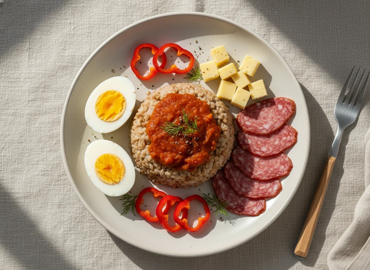 Завтрак с гречкой и закусками photo