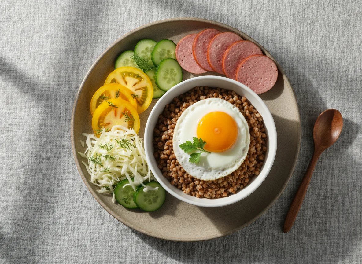 Завтрак с гречкой, колбасой и овощами photo