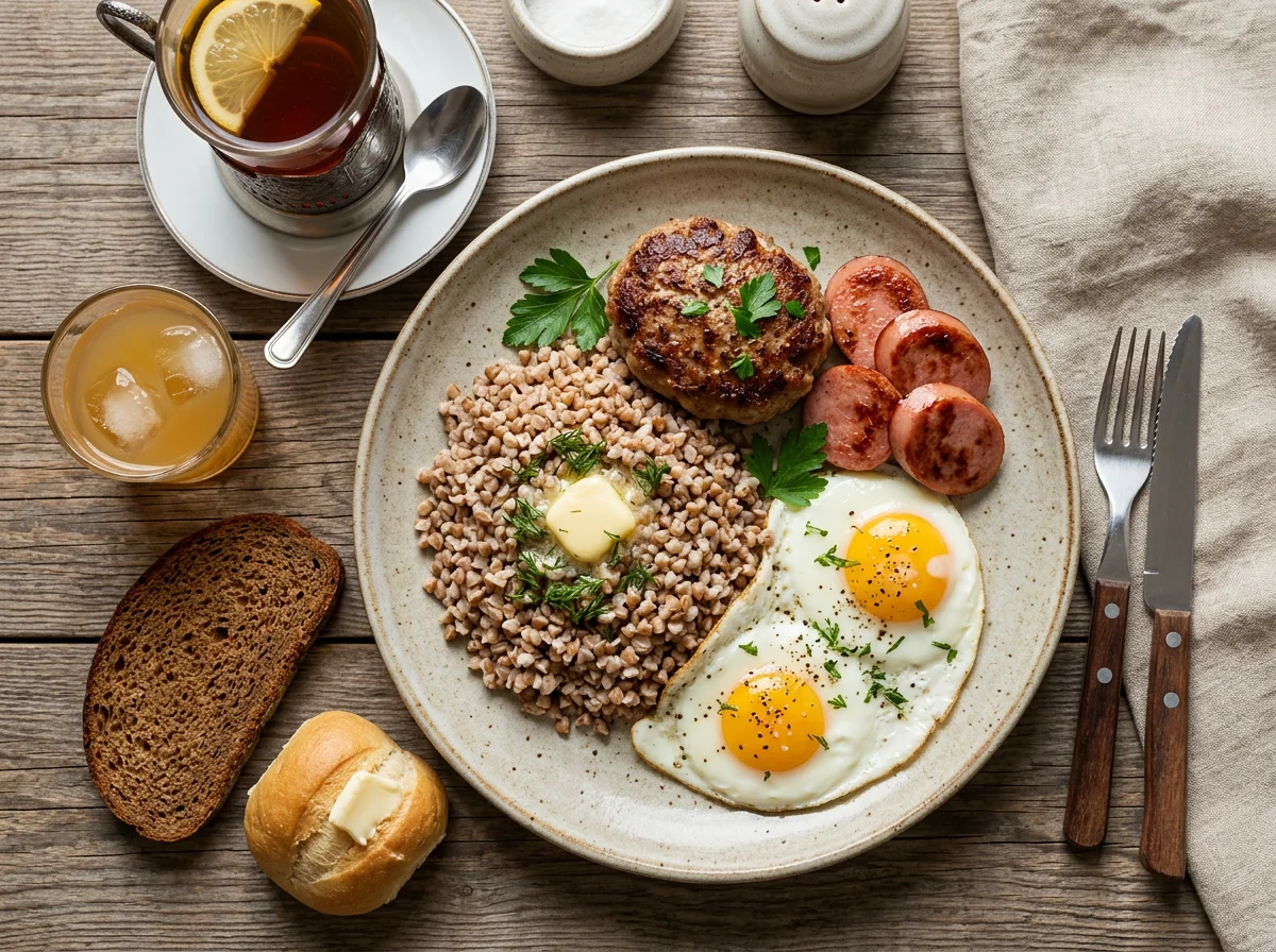 Завтрак с гречкой, котлетой и колбасой photo