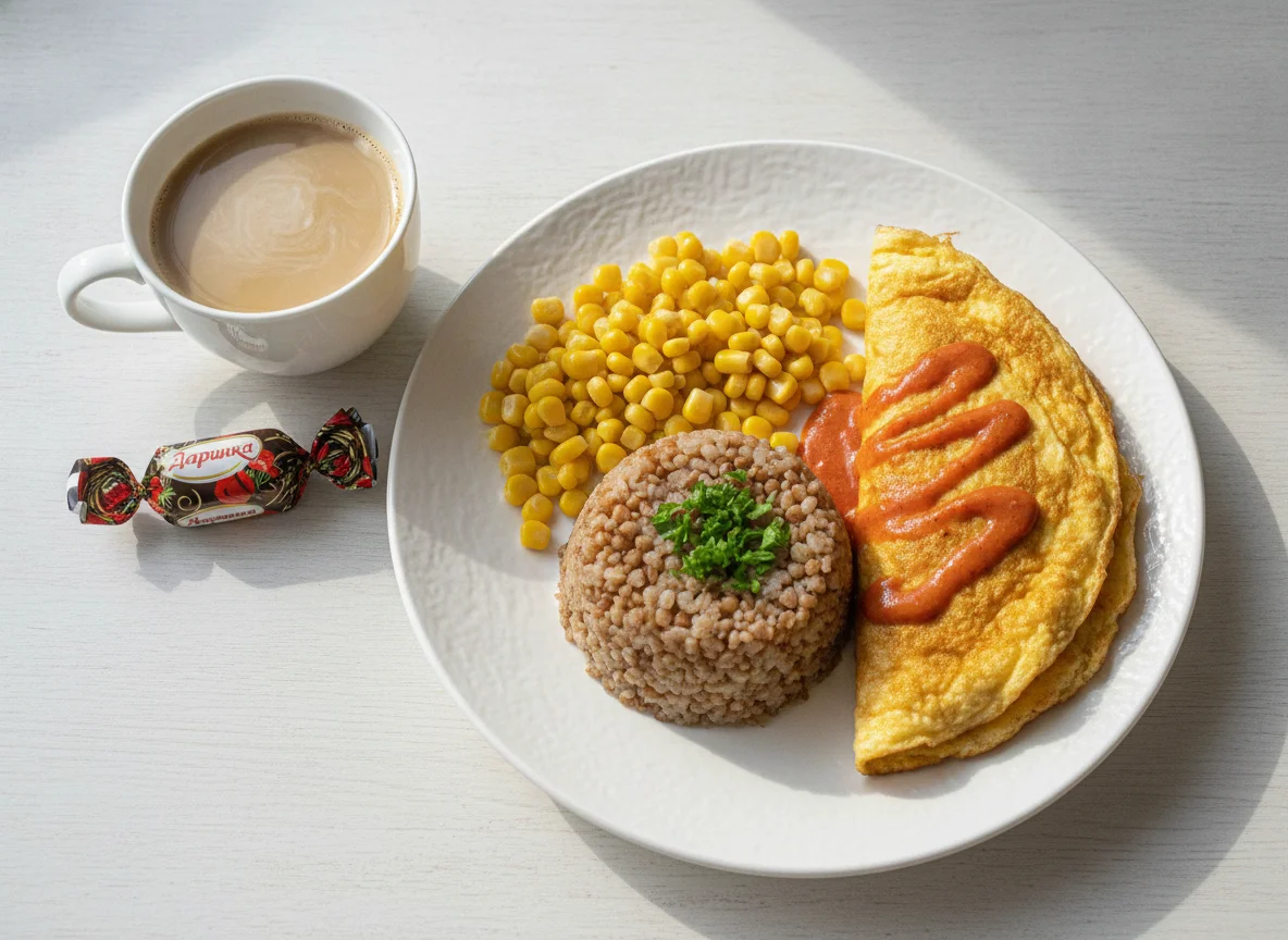 Завтрак с гречкой, кукурузой, омлетом и кофе photo