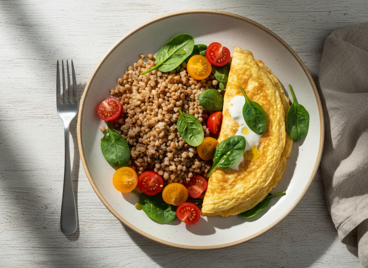 Завтрак с гречкой, омлетом и овощами photo