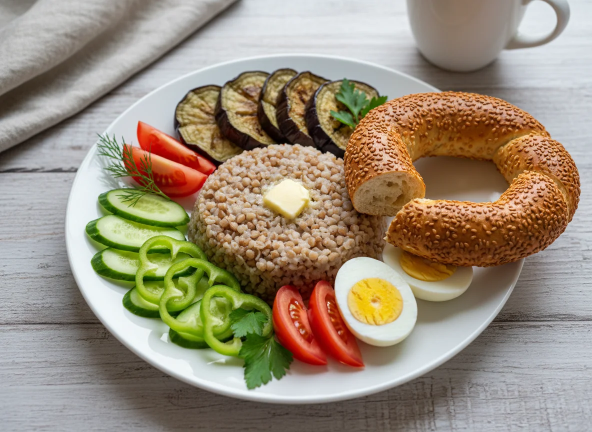 Завтрак с гречкой, овощами и выпечкой photo