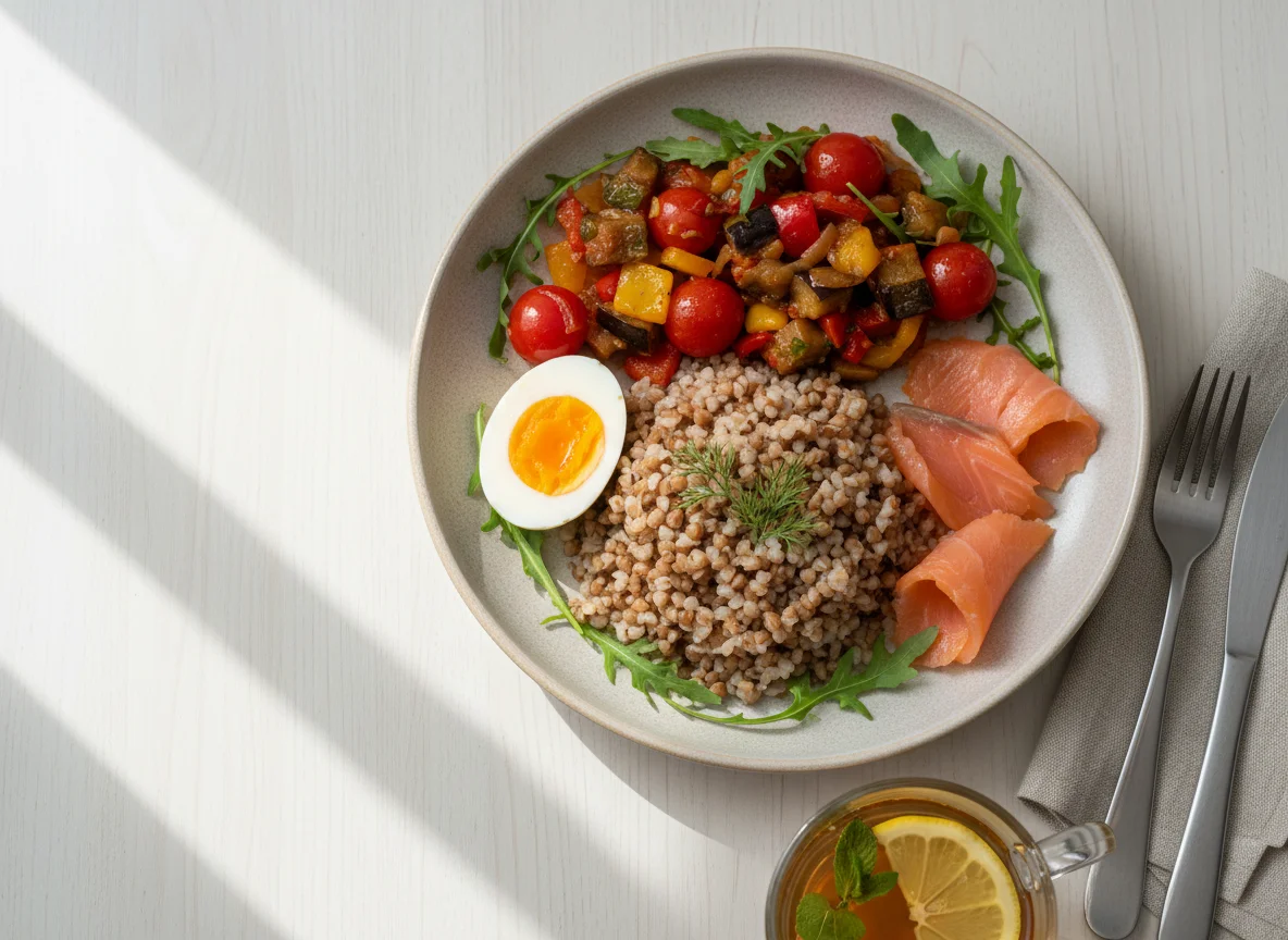 Завтрак с гречкой, овощами, лососем и яйцами photo