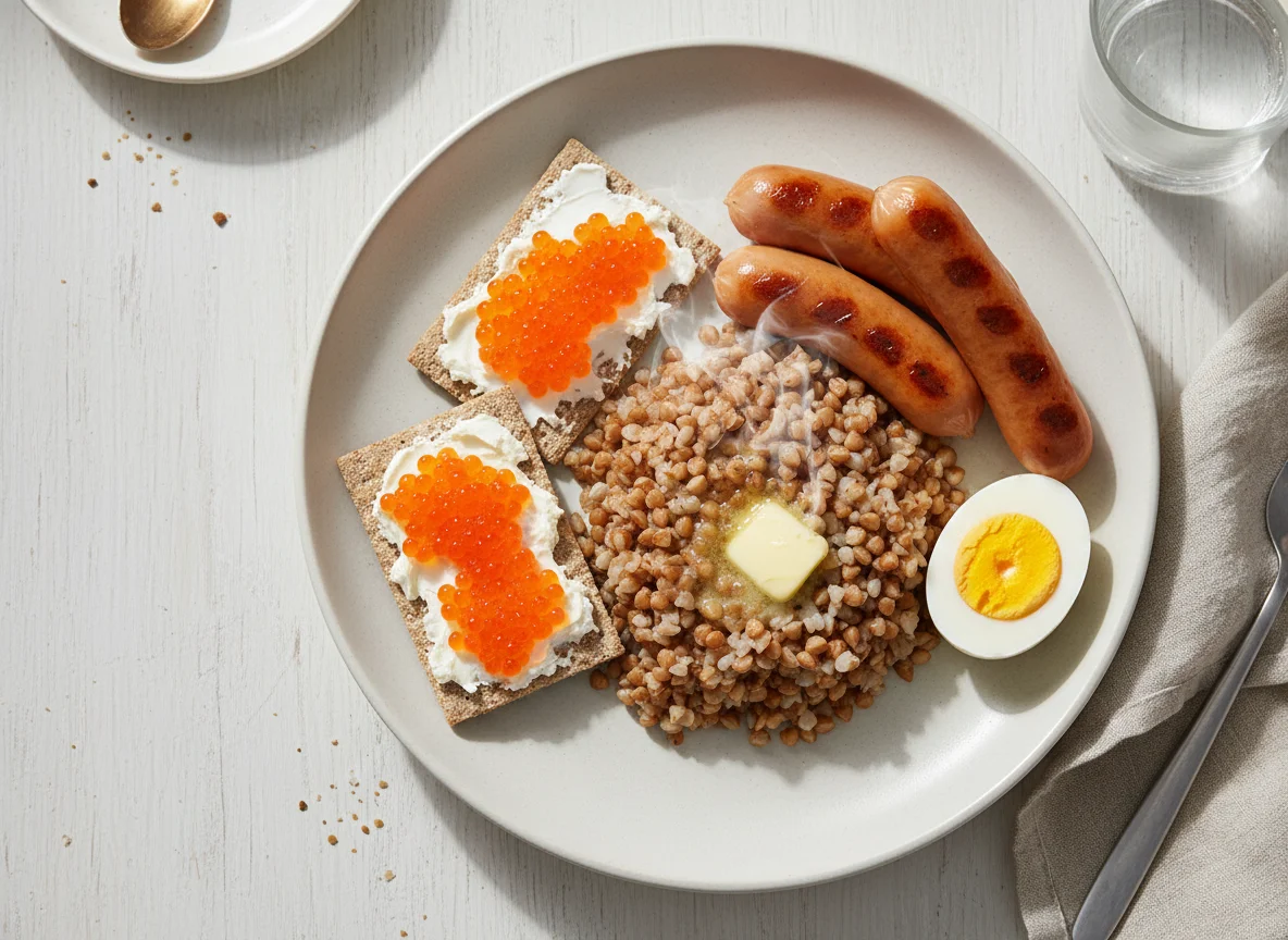Завтрак с гречкой, сосисками, яйцом и бутербродами с икрой photo