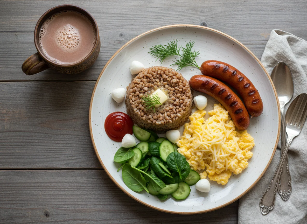 Завтрак с гречкой, сосисками и яичницей photo