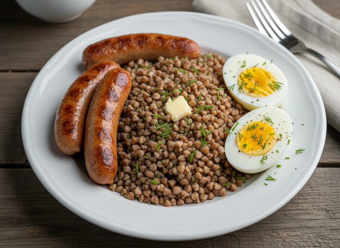 Завтрак с гречкой, сосисками и яйцом photo